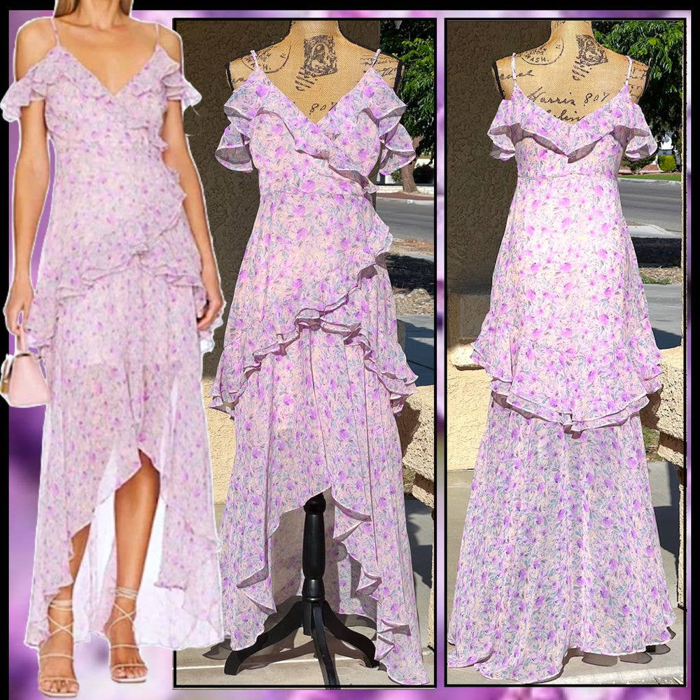 ASTR Lilac Purple Multi Pemberley Ruffle Cold Shoulder Hi-Lo Maxi Dress Size M